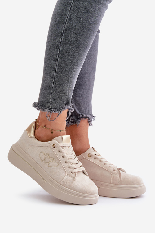 Sneakersy Z Sercami Na Platformie Eko Zamszowe Damskie Beżowe Avirorae