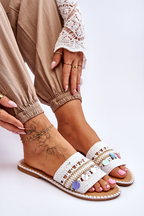 Women's Braided Embellished Slippers White Millano