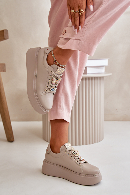 Sneakersy Damskie Skóra Naturalna Ozdoby CheBello 4585 Beżowe