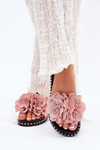 Ladies Slippers With Fabric Flowers Pink Elachase