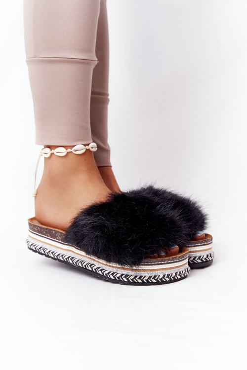 Platform Slippers With Eco Fur Black Adventure
