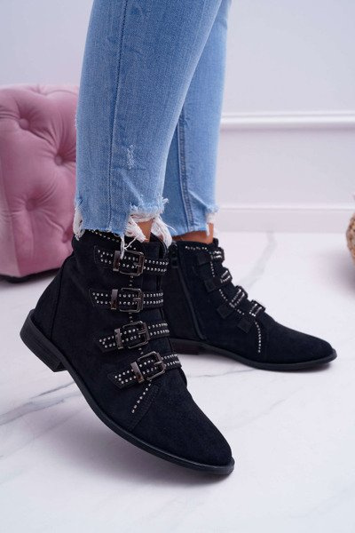 Women's Suede Boots Rivet Buckles Black Berugio