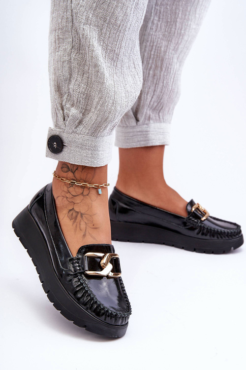 Leather Platform Moccasins with Decoration Black Desmond