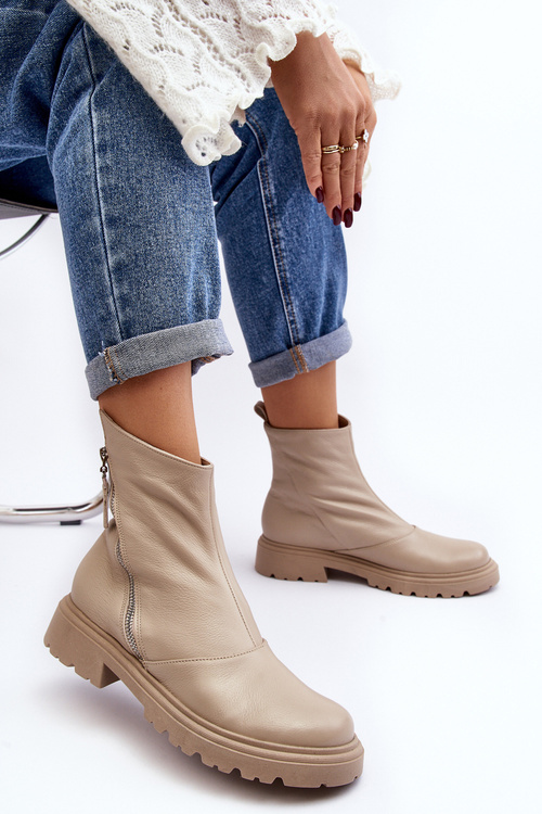 Botki Damskie Płaski Obcas Skóra Jasnobeżowe Laura Messi 2620/199