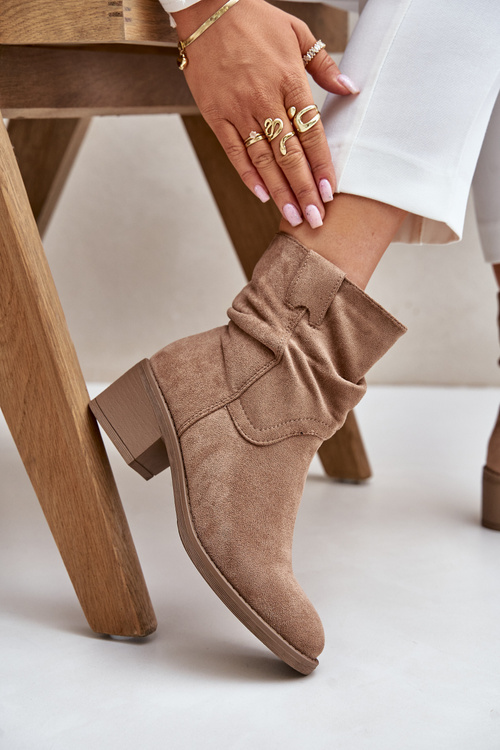 Damskie Botki Ocieplane Marszczona Cholewka Niski Obcas Beżowe Zinanya