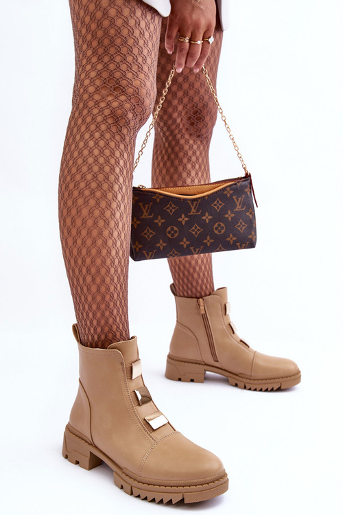 Leather Ankle Boots with Flat Heel Beige Azulenn