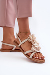 Women's Flat Sandals Adorned with Flowers Beige Abidina