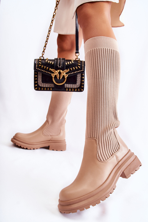 Ribbed Women's Boots On Flat Heel Beige Allys