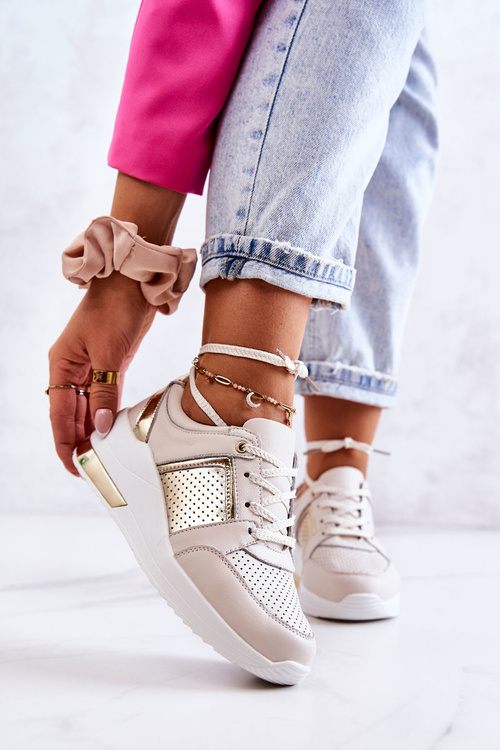 Women's Leather Sport Shoes On a Wedge Beige and White Larson