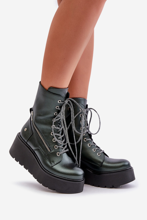 Leather Ankle Boots Workers On Platform And Wedge Maciejka 06676-09 Green