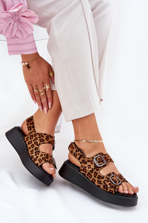 Ladies Platform And Wedge Sandals With Buckles Leopard Brown Genorre