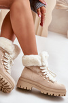Lace-Up Women's Ankle Boots with Fur Light Beige Vaminia
