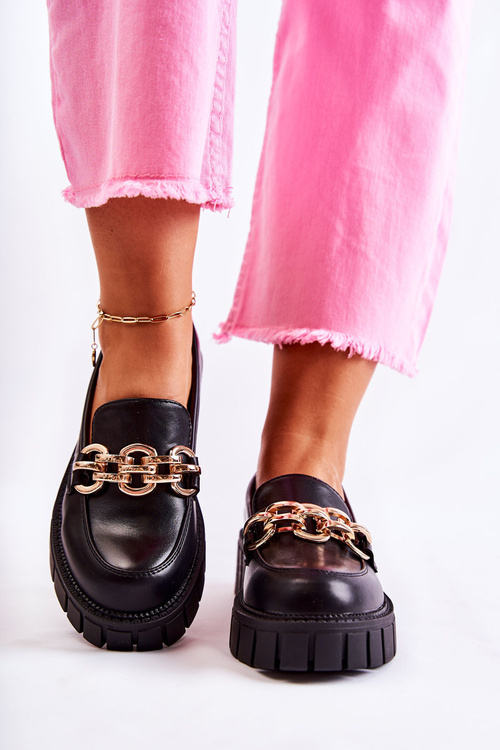 Leather Shoes With Decorative Chain Black Carmine