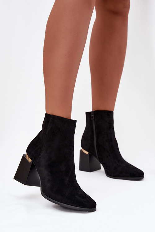 Damskie Botki Obcas Słupek Ocieplane Eko Zamsz Czarne Brivelle