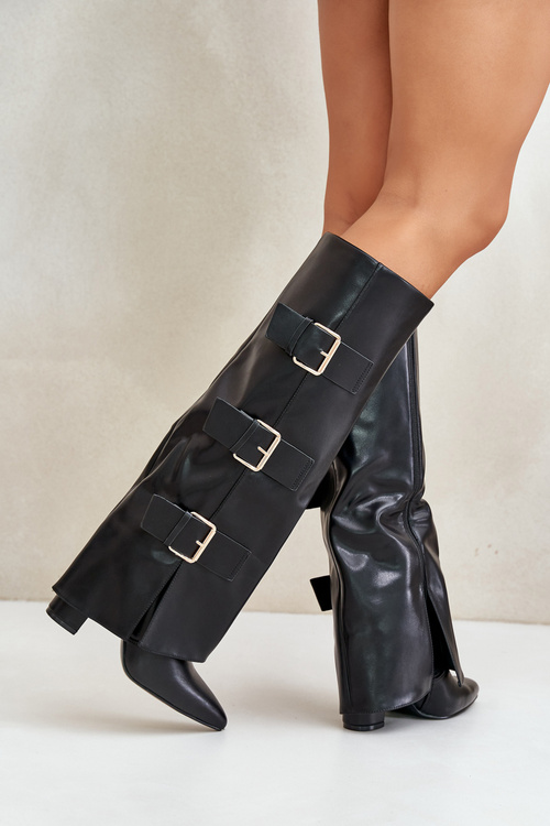 Damskie Kozaki Obcas Słupek Wywinięta Cholewka Czarne Klamry Piregonia