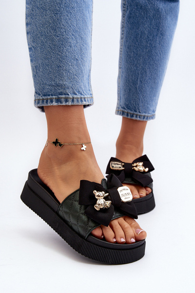 Klapki Damskie Kokarda Miś Czarne Katterina BG146