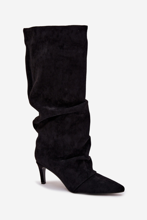 Wrinkled High Heel Boots Made of Eco Suede Lined Black Mavella