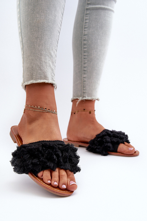 Women's Flat Sandals with Fringes Black Rialle