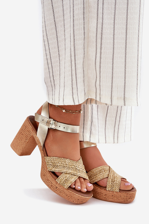 Sandały Na Słupku Skóra Naturalna Plecionka Złote Zazoo 40460