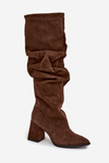 Wrinkled Boots Made From Genuine Suede On Heel Heated Zazoo 4228 Brown