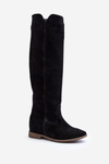 Zazoo 3407 Suede Knee-High Boots with Flat Heel Black