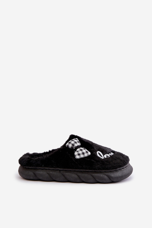 Women's Fleece Slippers With Patches And Bow Black Linnorelia