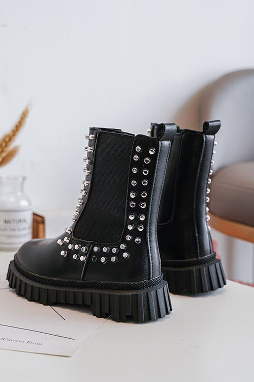 Girls' Heeled Ankle Boots Decorated with Rhinestones Black Adelie