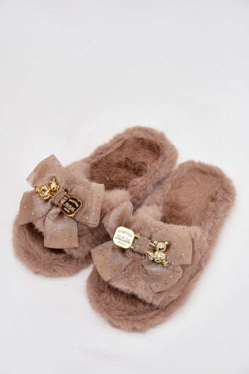 Fur Women's Slippers With Bow And Gold Decoration Dark Beige Nolara