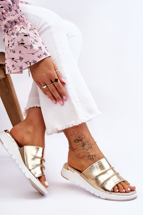 Women's Leather Slippers On A Low Wedge Gold Leona