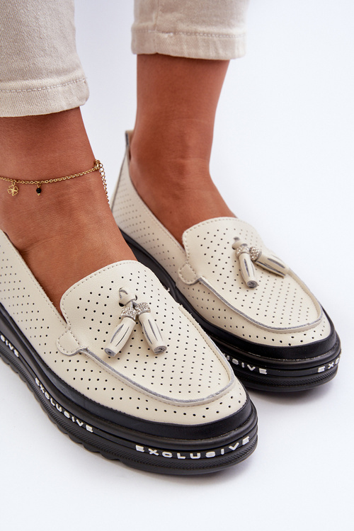 Women's Leather Platform Moccasins Beige Assetnima