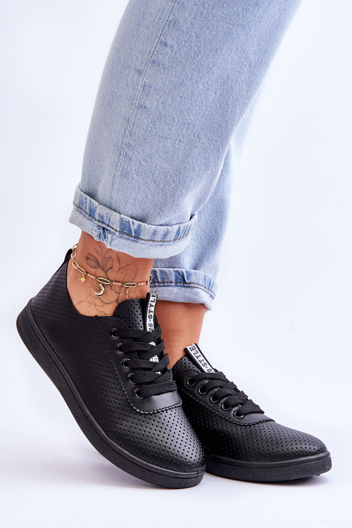 Women's Openwork Lace-up Sneakers Black Carinel