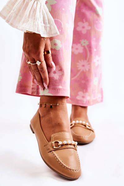 Women's Leather Loafers With Decorative Pearls Brown Sergia