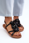 Women's Flat Sandals Adorned with Black Flowers Abidina