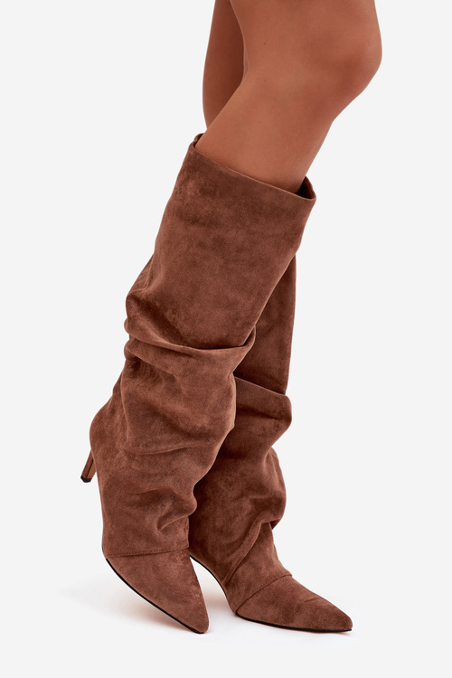 Wrinkled High Heel Boots Made of Eco Suede Lined Dark Beige Mavella