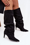 Wrinkled High Heel Boots Made of Eco Suede Lined Black Mavella