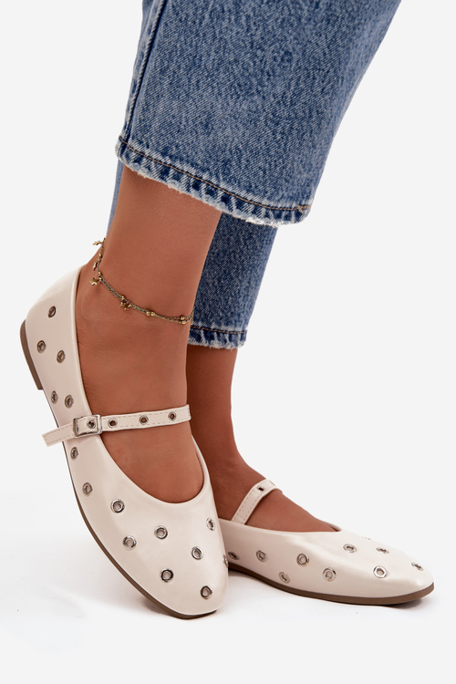 Baleriny Z Paseczkiem I Srebrnymi Elementami Beżowe Marivon