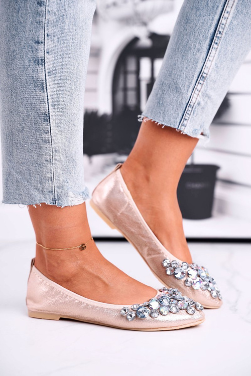 Leather Ballerinas With Decorative Stones Gold Crystal