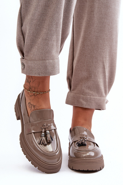 Lacquered Loafers with Fringes Dark Beige Velenase
