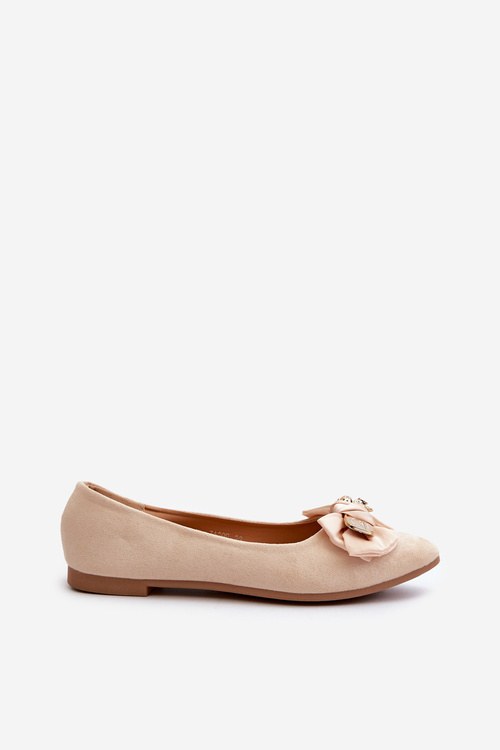 Women's Eco Suede Ballerina Flats with Bow and Brooch in Light Beige Satris