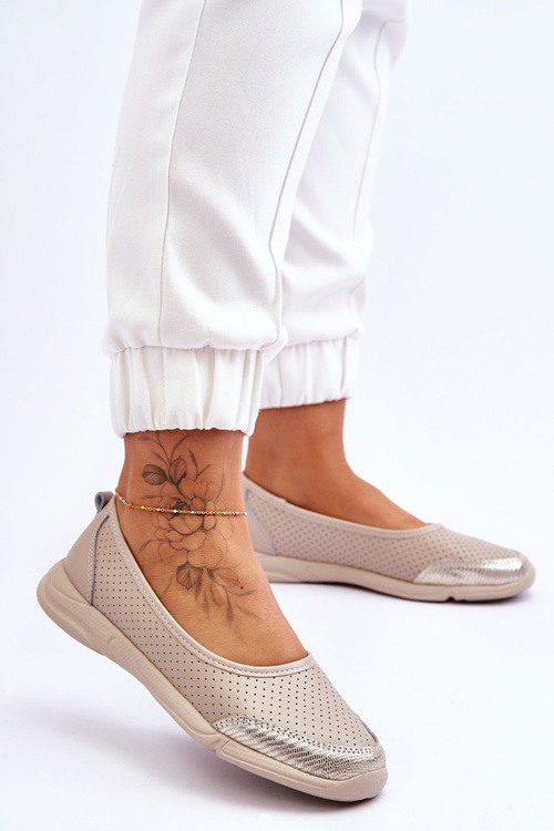 Baleriny Skóra Damskie Ażur Beżowe Lucy