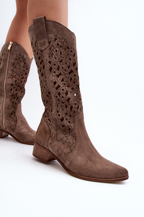 Kozaki Damskie Ażurowe Niski Obcas Ciemnobeżowe Zazoo 3403