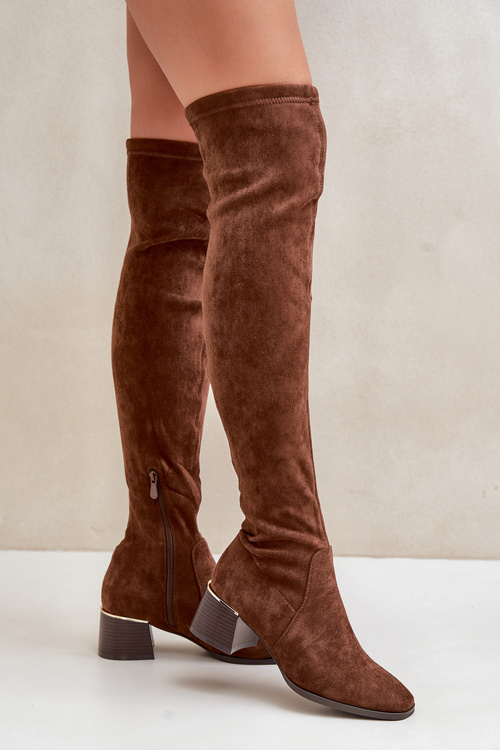Block Heeled Knee High Boots From Eco Suede Brown Galadi