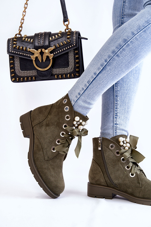 Suede insulated boots with a zipper with pearls Green Raiso