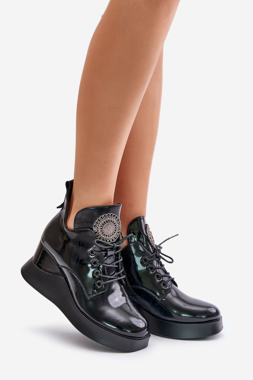 Lakierowane Botki Damskie Ocieplane Koturn Czarne Vinceza 66706