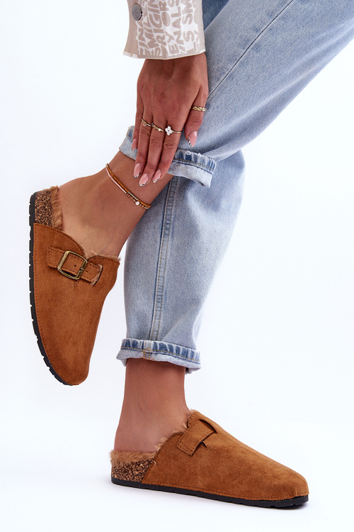 Klapki Damskie Futerko Zamsz Brązowe Haidamia 100-360