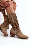 Zazoo 3403 Openwork Low Heel Women's Boots Beige