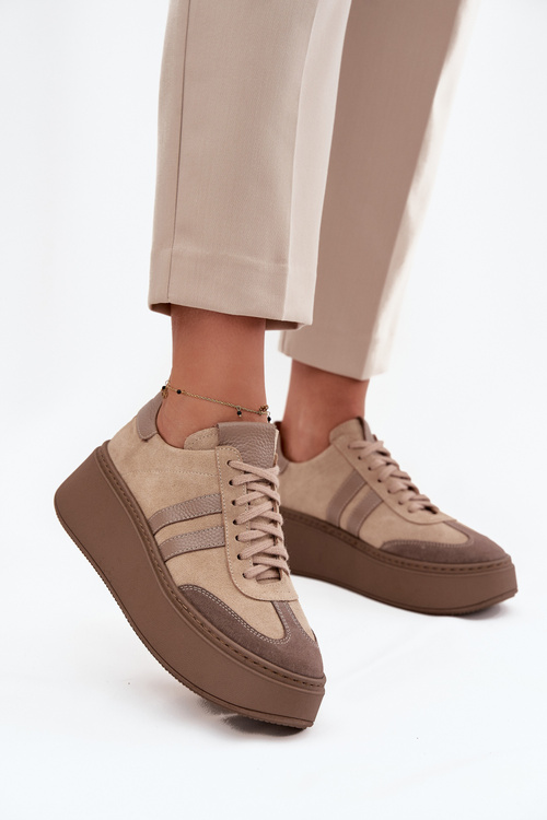 Damskie Sneakersy Z Naturalnego Zamszu Platforma Beżowe Zazoo 3775