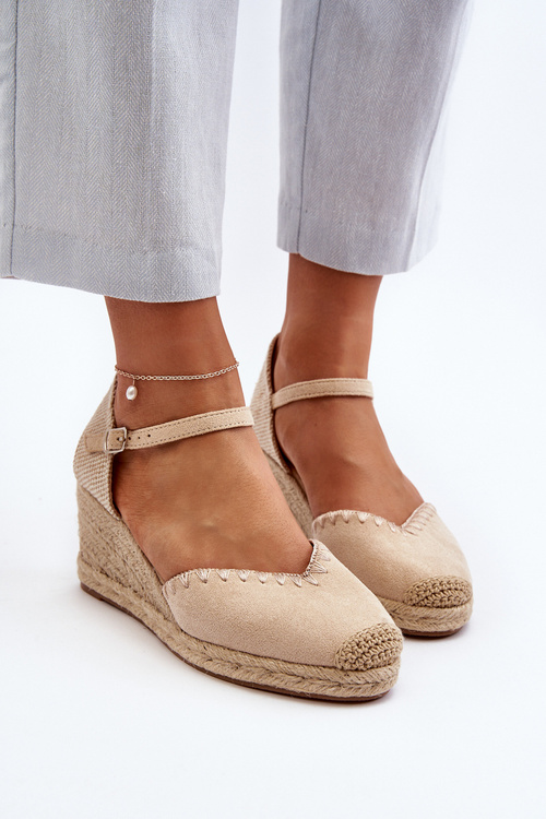 Suede Wedge Espadrille Sandals with Woven Detail Beige Raylin