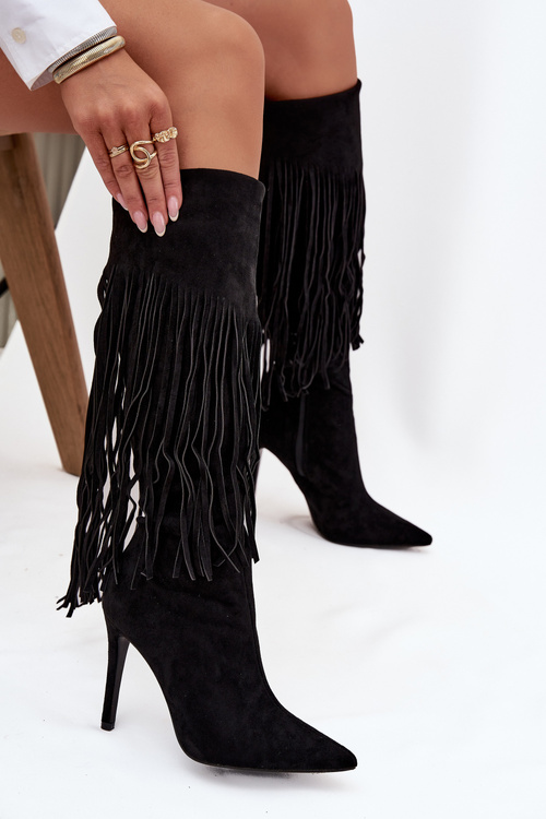 Women's High Heel Boots with Fringes Black Isalune