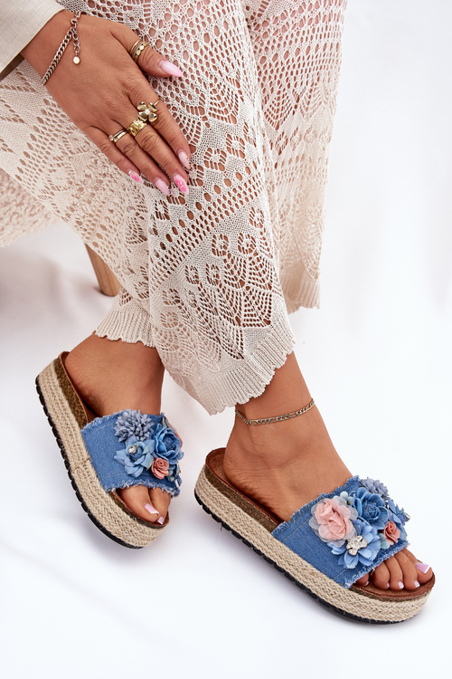 Ladies platform sandals with weaving and flowers blue Chellia